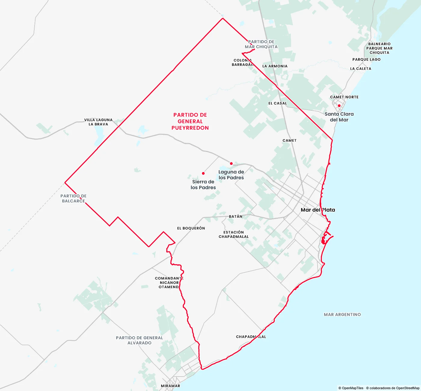 Mapa del Partido de General Pueyrredon con Mar del Plata, Batán, Sierra de los Padres, la Laguna de los Padres y Chapadmalal, y los partidos vecinos de Mar Chiquita, Balcarce y General Alvarado